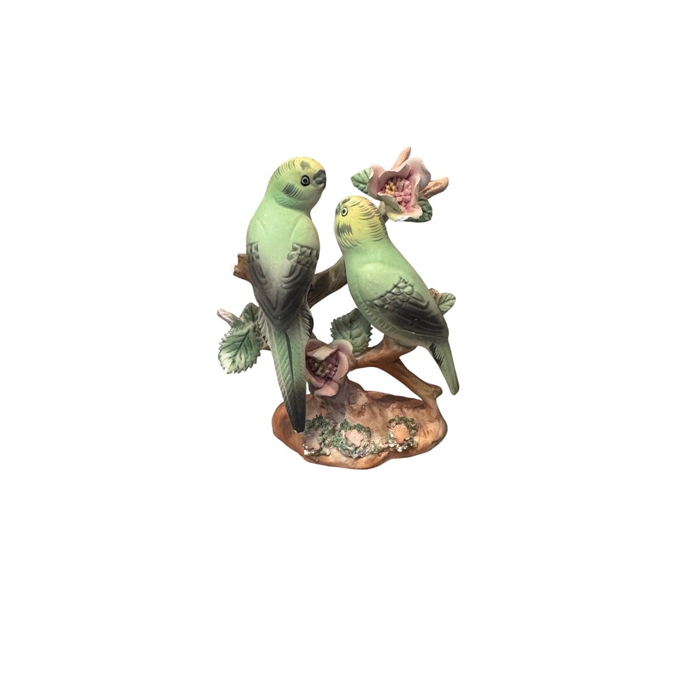 Norcrest Bird Figurine Green Budgies Parakeets A154
